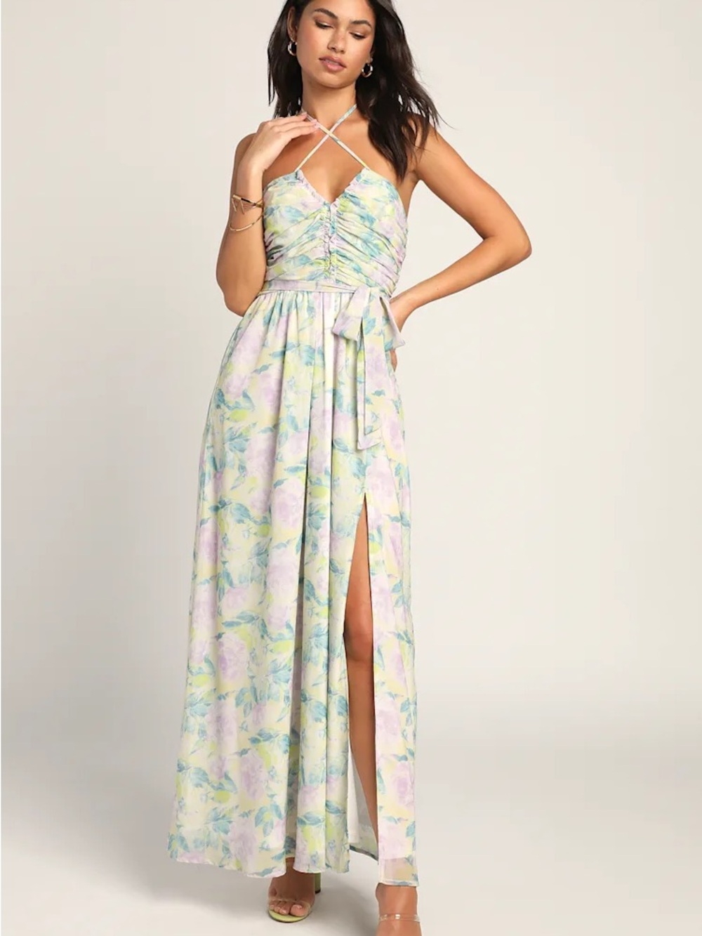 Lulu's Pastel Floral Halter Maxi Dress with Side Slit